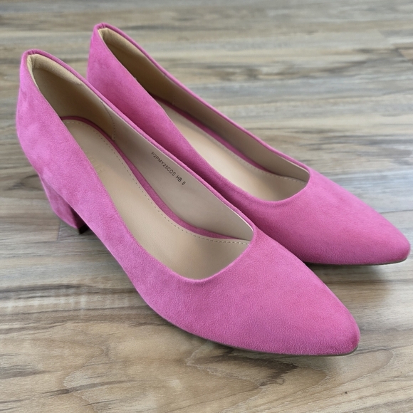 📃☔️🩵⏭️NIB Pink Suede Closed Toe Chunky Block Heel Shoes Size 8 - Picture 9 of 16